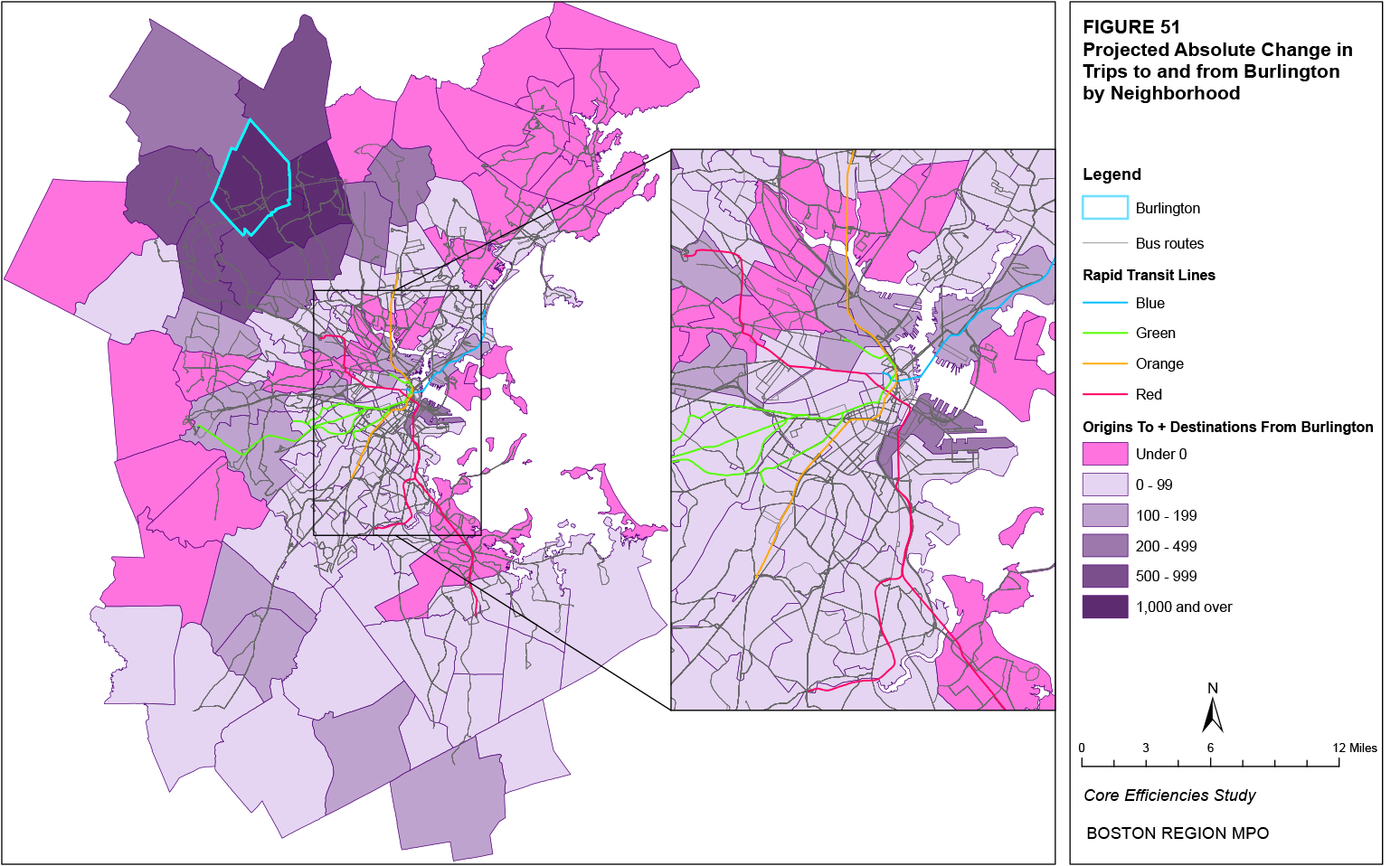This map shows the projected absolute change in trips to and from the Burlington neighborhood by neighborhood.